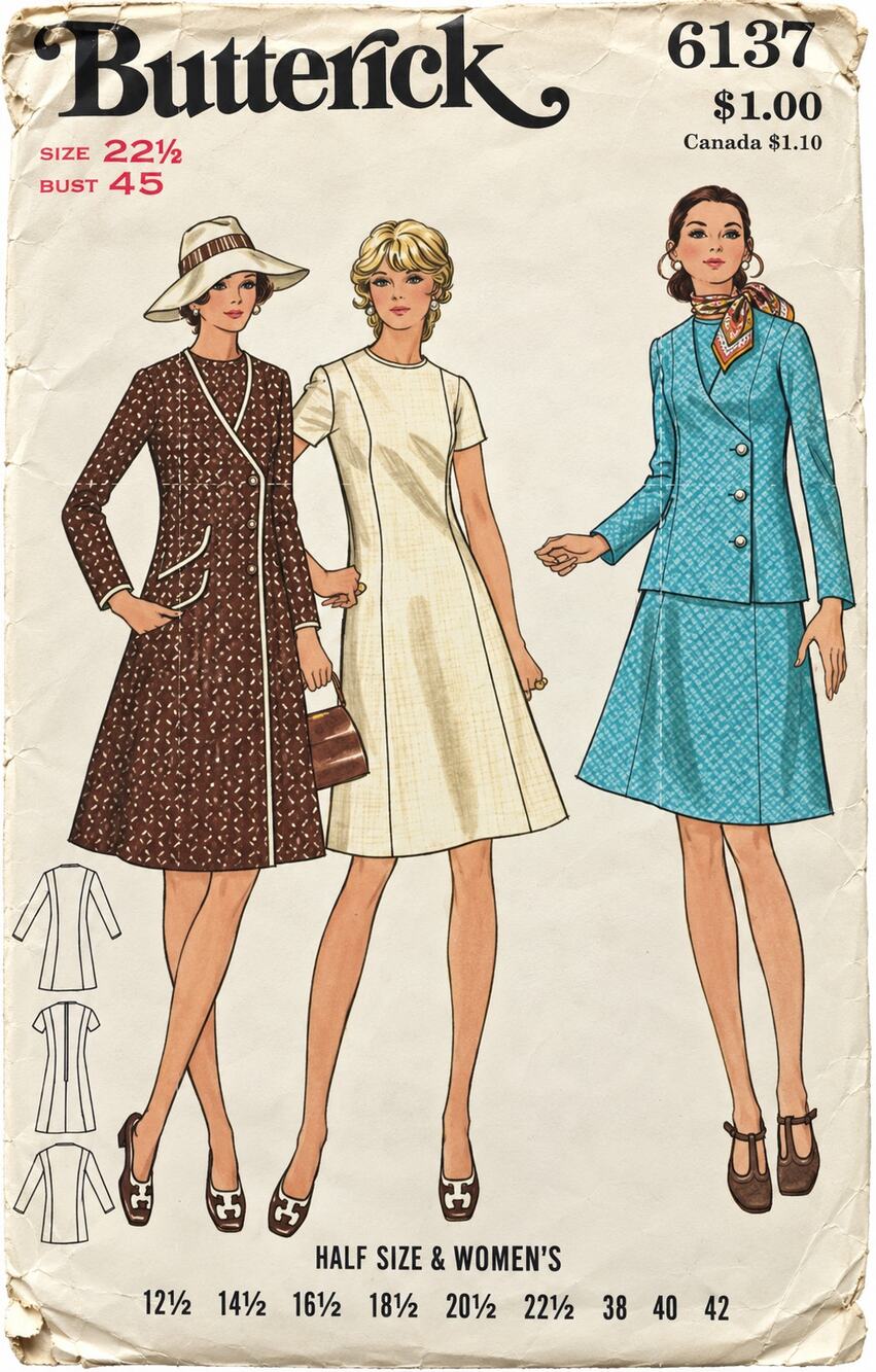 Vintage Butterick Dress Coat 6137 Uncut Size 22.5 Bust 45 Sewing Pattern
